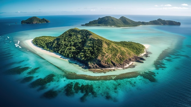 Una veduta aerea di un'isola tropicale con una spiaggia di sabbia bianca e acqua blu.