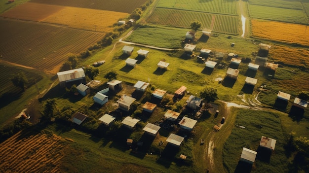 Una veduta aerea di un piccolo villaggio in mezzo a un campo