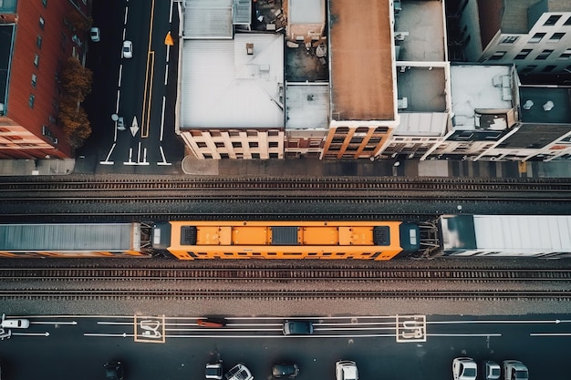 Una veduta aerea di un treno che si snoda attraverso le affollate strade della città, circondato da imponenti grattacieli e folle indaffarate IA generativa