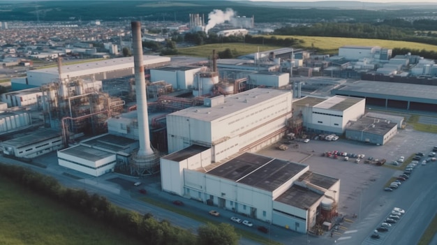 Una veduta aerea di una fabbrica con un grande edificio sullo sfondo.