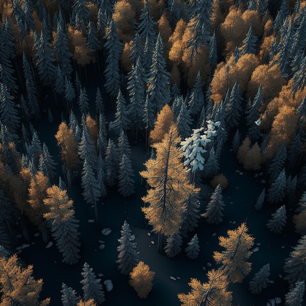 Una veduta aerea di una foresta con un pino bianco innevato.