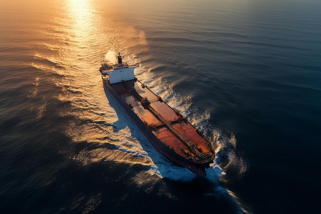 Una veduta aerea di una nave da carico secco che si muove in alto mare durante il tramonto