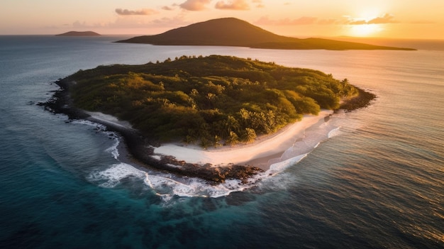 Una veduta aerea di una piccola isola con una spiaggia e montagne sullo sfondo.