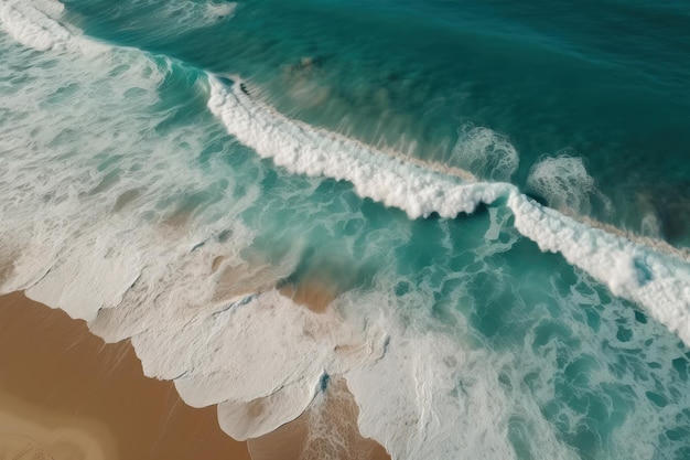 Una veduta aerea di una spiaggia con acqua turchese e onde