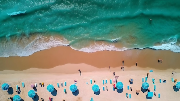 Una veduta aerea di una spiaggia con ombrelloni blu e l'oceano.