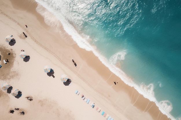 Una veduta aerea di una spiaggia con ombrelloni e persone su di essa