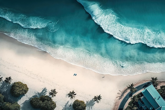 Una veduta aerea di una spiaggia con palme e un oceano blu