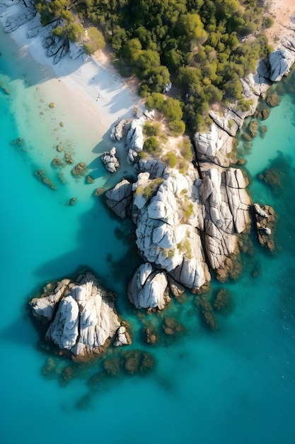 Una veduta aerea di una spiaggia con rocce e alberi