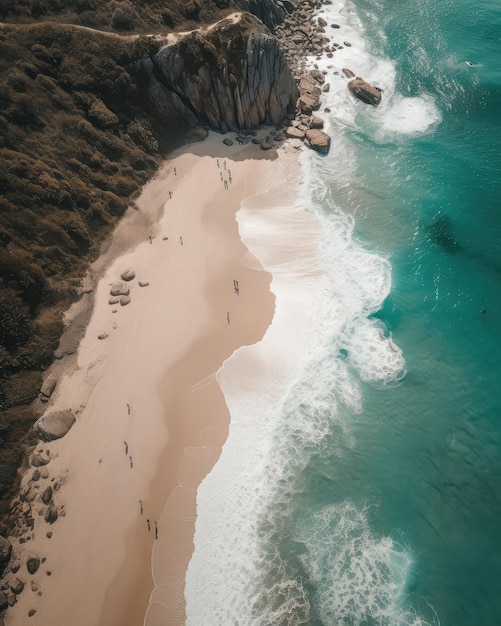 Una veduta aerea di una spiaggia con un oceano blu e un ai generativo bianco