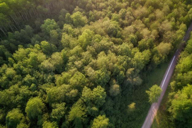 Una veduta aerea di una strada circondata da alberi IA generativa
