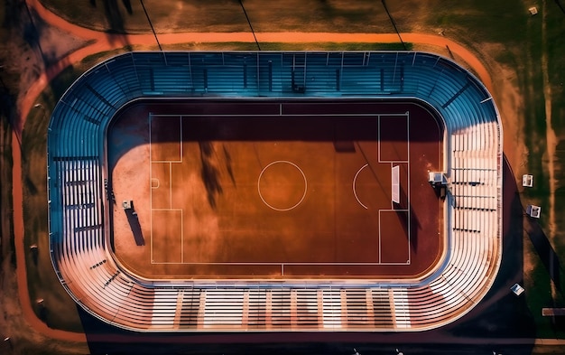 Una veduta aerea di uno stadio di calcio con un campo e il tramonto