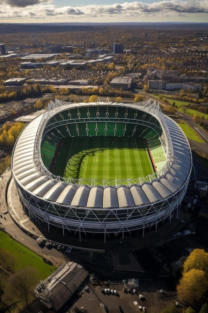 una veduta aerea di uno stadio di calcio con un campo verde