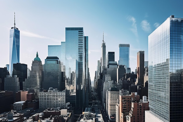 Una veduta della città di manhattan con un cielo blu e un edificio sullo sfondo.