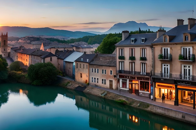 Una veduta di un fiume con una piccola città sullo sfondo