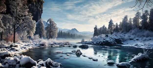 una veduta di un fiume coperto di alberi innevati nello stile di eterei paesaggi nuvolosi