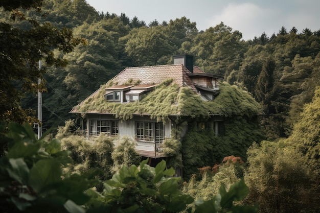 Una veduta di una casa con il suo nuovo tetto immersa nel verde