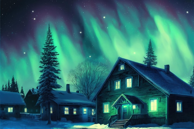 Una veduta notturna di un villaggio sotto l'aurora boreale Fantasy concept Pittura illustrativa IA generativa