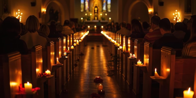 Una veglia di preghiera a candela che si svolge all'interno di una chiesa scarsamente illuminata