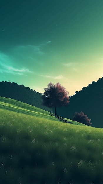 Una verde collina con un albero nel mezzo