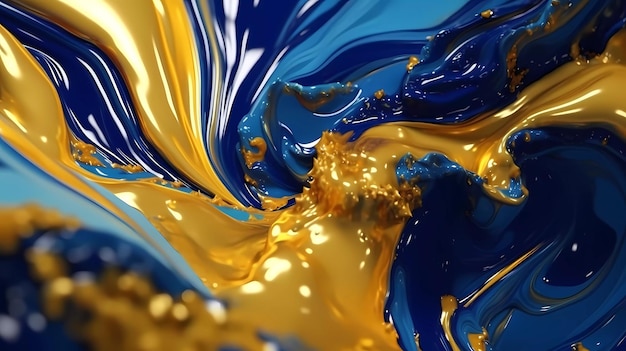 Una vernice blu e gialla viene versata in un liquido blu e giallo.