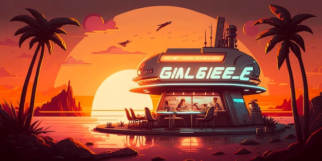 Una versione fantascientifica del classico ristorante americano Sunset cafe su un'isola retrofuturistica nello stile di un'illustrazione degli anni '50