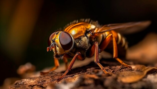 Una vespa gialla e nera si siede su un ceppo.