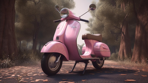 Una vespa rosa è parcheggiata sulla strada nel bosco.