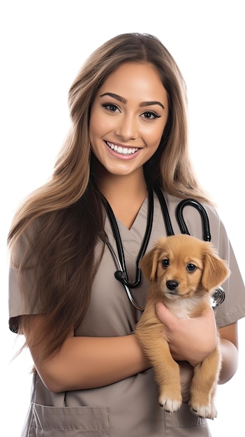 Una veterinaria tiene in braccio un cucciolo e sorride, il cucciolo guarda la telecamera