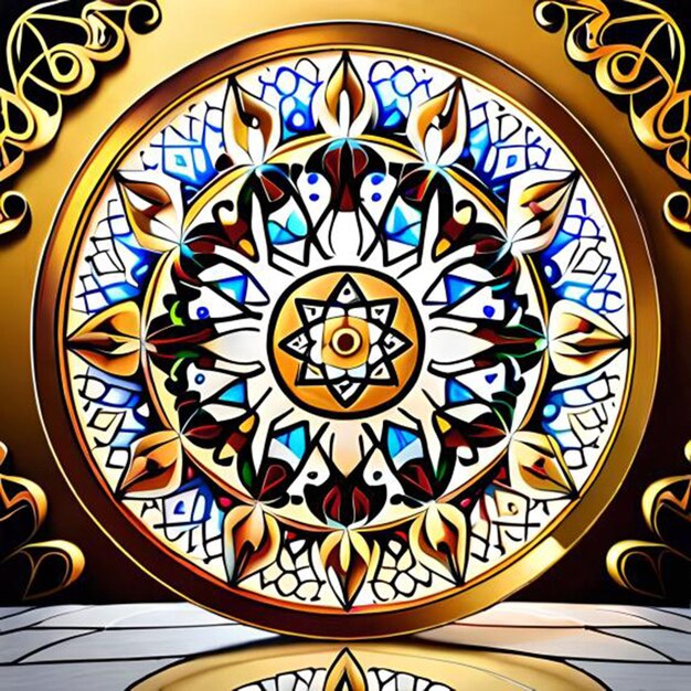 Una vetrata colorata con un cerchio dorato e la parola occhio su di essa.