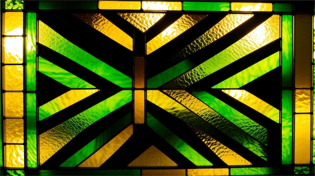 Una vetrata con strisce verdi e gialle.