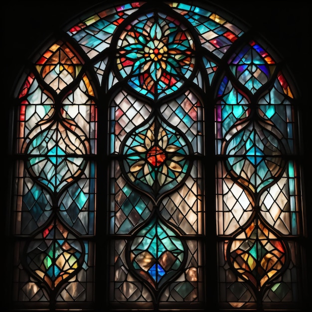 Una vetrata con un disegno che dice "il nome della chiesa".