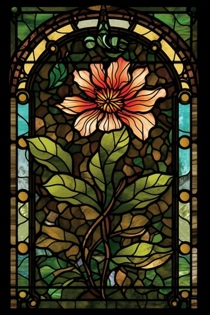 Una vetrata con un fiore al centro.