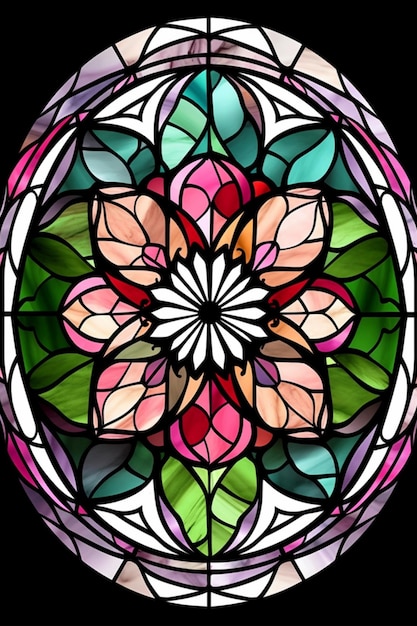 Una vetrata con un motivo floreale al centro.