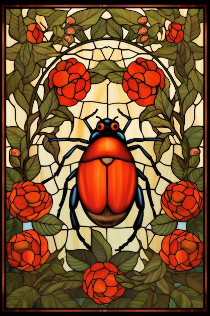 una vetrata con uno scarabeo rosso al centro