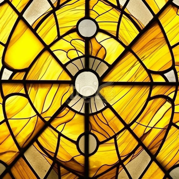 Una vetrata con uno sfondo giallo e la parola " o " su di essa.