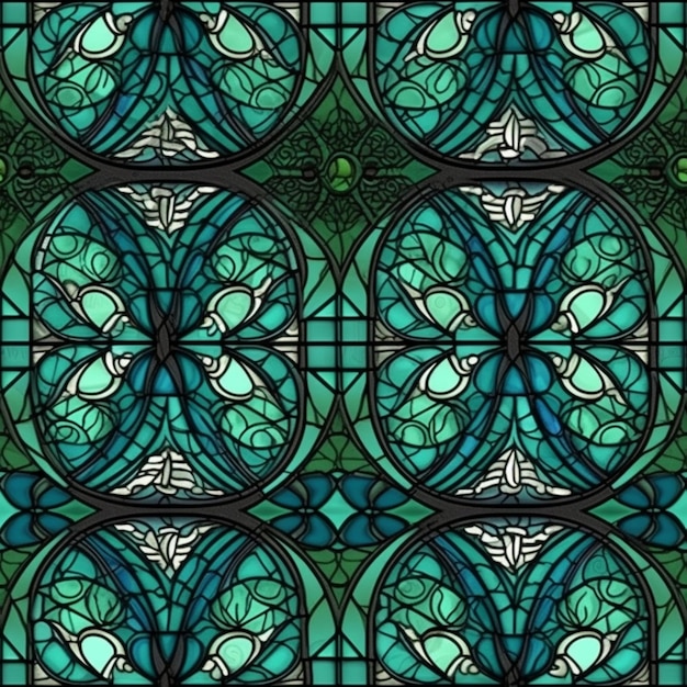 Una vetrata verde con un motivo di farfalle.