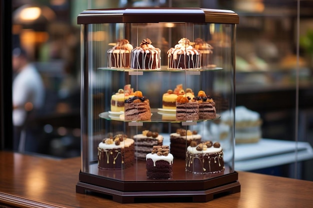 una vetrina con diverse torte e una scatola di cioccolatini.