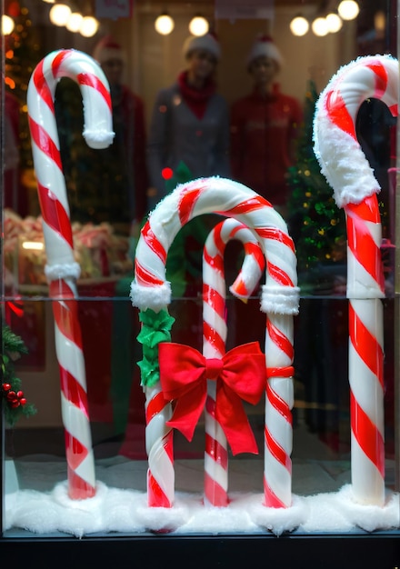 Una vetrina di caramelle natalizie in una vetrina con un'illuminazione morbida