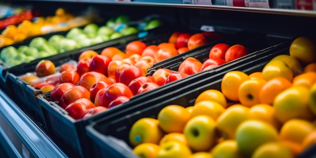 Una vetrina piena di molti tipi diversi di frutta