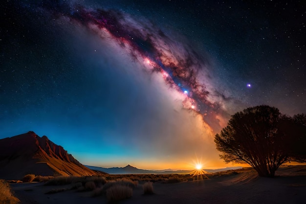 Una via lattea sopra un deserto con il sole che tramonta dietro di essa