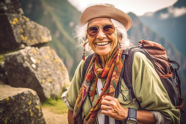 Una viaggiatrice anziana sorridente IA generativa