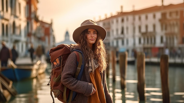 Una viaggiatrice con zaino nel centro di Venezia generativa ai
