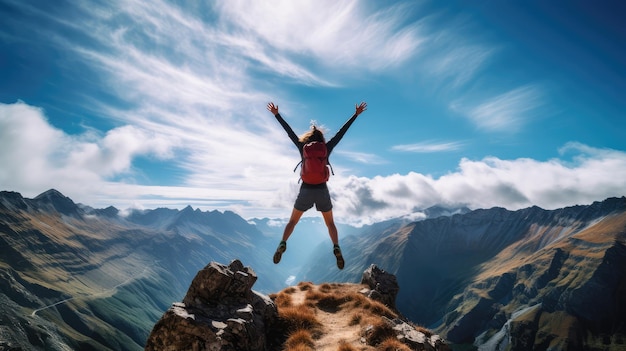 Una viandante della donna che salta sulla cima di una montagna e si gode la vista