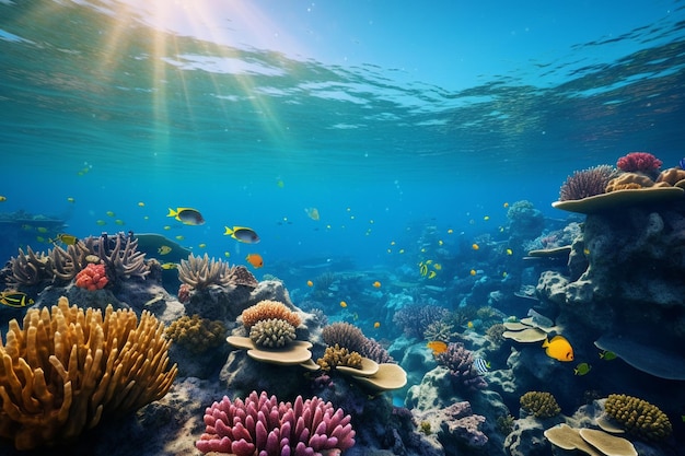 Una vibrante barriera corallina con pesci tropicali che nuotano tra i coralli