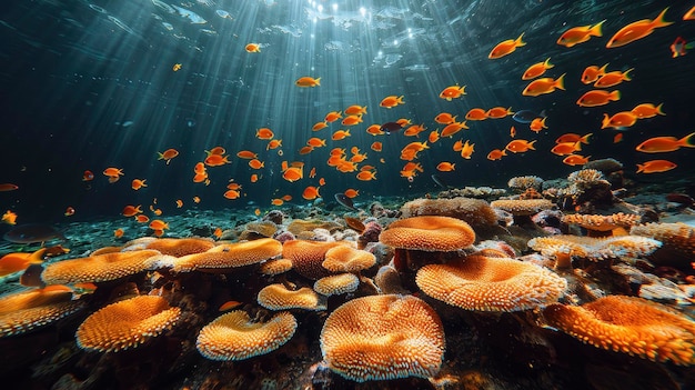 Una vibrante barriera corallina ricca di vita sotto la superficie di un mare tropicale con colorate frecce di pesce