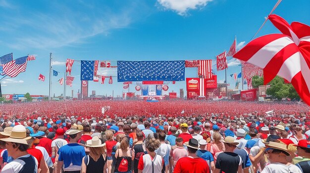 Una vibrante celebrazione del Labor Day con un cielo blu e una folla di persone in primo piano