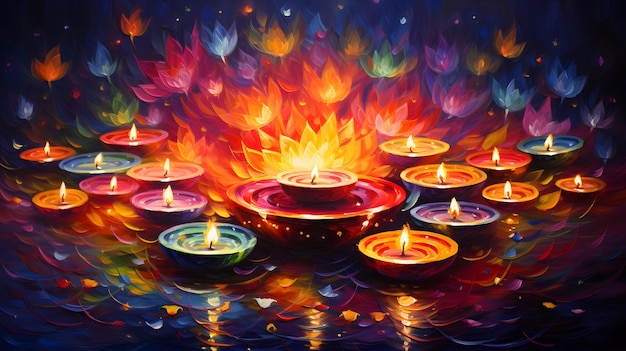 Una vibrante celebrazione di Diwali con diyas illuminati felici Diwali
