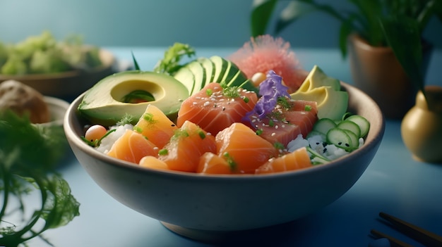 Una vibrante e gustosa poke bowl di salmone e avocado Generative AI