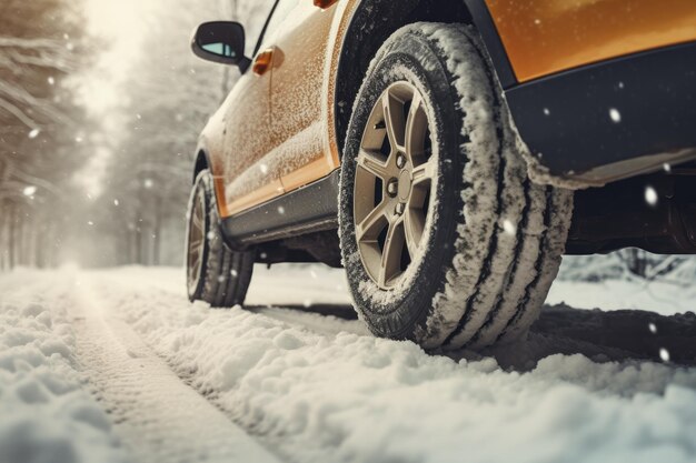 Una vibrante jeep gialla naviga con sicurezza attraverso il terreno innevato creando un'emozionante esperienza invernale Auto SUV su strada innevata Pneumatici su autostrada innevata dettaglio generato dall'IA