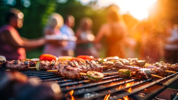 Una vibrante scena di festa barbecue estiva con l'accento sulle carni sfrigolanti grigliate sul barbecue